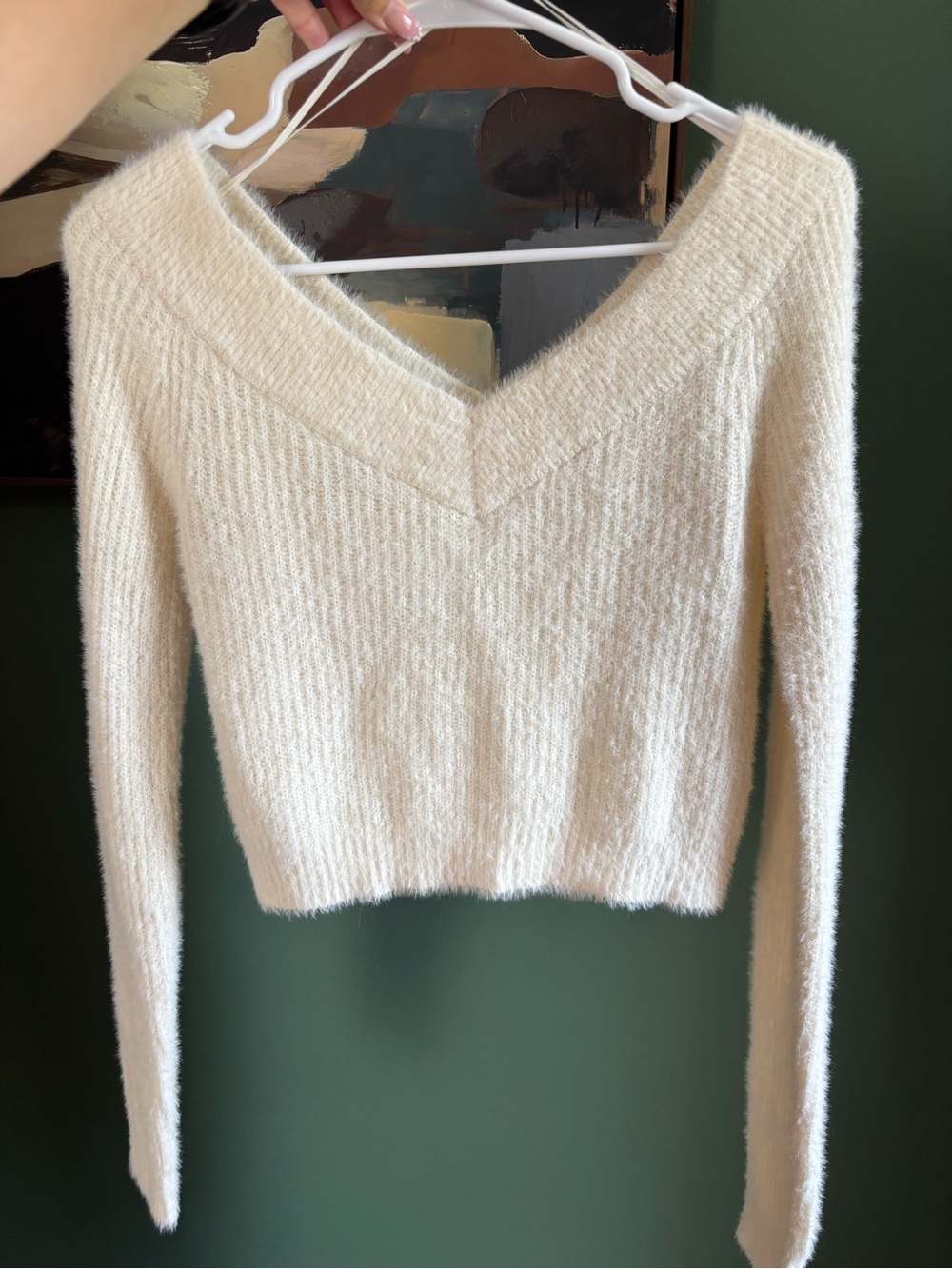 American Eagle Outfitters Cream V-Neck Fuzzy Sweater